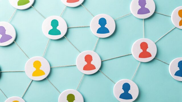 Colorful icons of people are connected by lines, representing a network or social connections on a blue background.