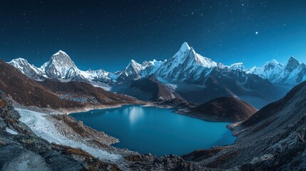 Starry Night Over Gokyo Lake, Nepal: Majestic Himalayan Peaks Reflected in Turquoise Waters © supardi