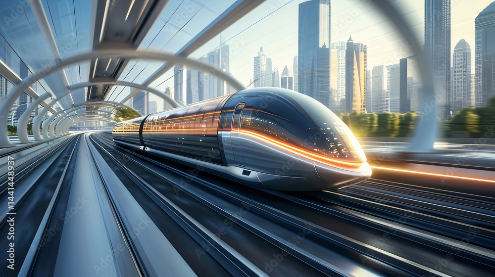 Aufkleber 未来的な高速鉄道が都市の景観を駆け抜ける近未来デザイン 輝く金属製の電車と高層ビル群の調和
