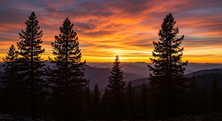 Obraz premium A breathtaking vista of towering pine trees silhouetted against a vibrant sunrise over a layered mountain range.