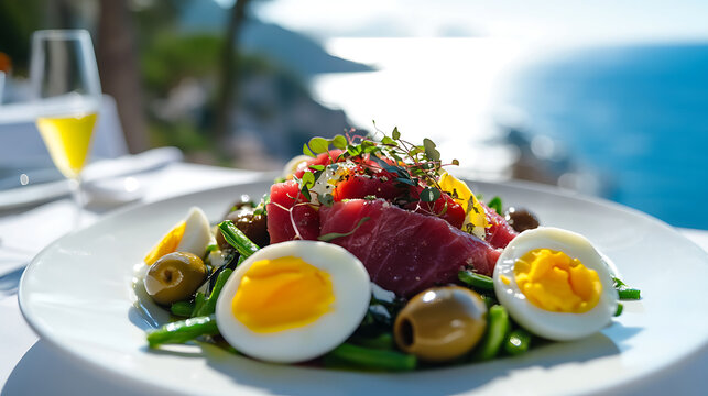 Composed Ni&ccedil;oise salad with seared tuna, boiled eggs, olives, and haricots verts, on a white plate. 