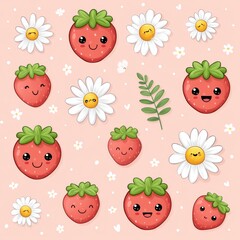 Fototapeta premium Cute Cartoon Strawberries and Daisies on Pink Background