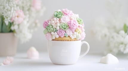 Flower Cupcake in Mug Delicate Pastel Style Soft Focus Lighting Close Up Shot Intricate Frosting Design Springtime Treat Soft Pink Hues Bakery Product Photography