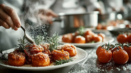 Gourmet food preparation close-up of chef's hands delicately dusting powdered sugar onto delicious, freshly made dessert.