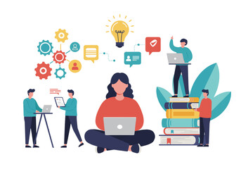 Flat vector illustration showcasing a central figure surrounded by smaller individuals engaged in various business activities and communication. Symbolic icons of ideas, data analysis, and teamwork