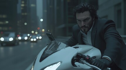 Urban biker in a suit.  Focus on a man in a dark suit riding a motorcycle in a city at night.  He appears serious and engaged in the moment