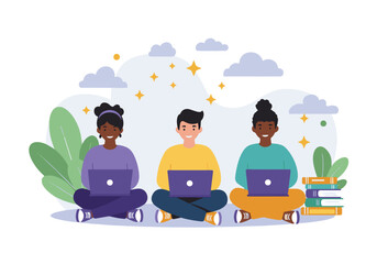 Vibrant flat illustration a diverse team of three professionals engaged in online collaboration. Each is working on a laptop, surrounded by subtle design elements modern business environment