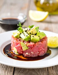 fresh tuna tartare with creamy avocado and soy sauce drizzle
