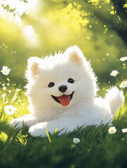 Happy white dog enjoying a sunny day in a flower-filled meadow  