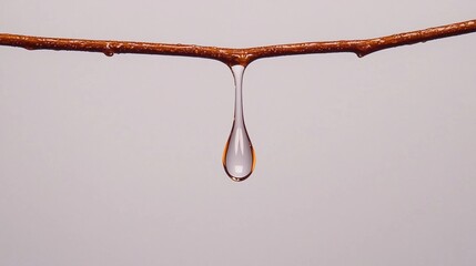 A single water droplet hangs delicately from a thin brown twig against a plain, light background.