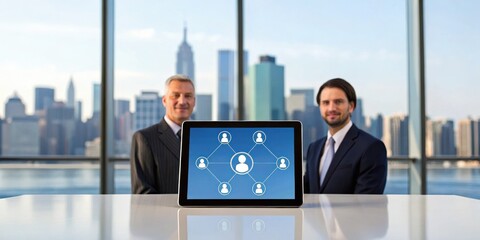 Two businessmen in suits stand behind a laptop displaying a digital network diagram, with a city skyline visible through large windows.