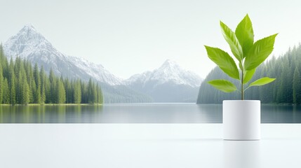 Plant by a tranquil lake, serene mountains