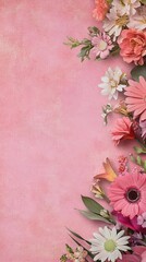 Floral arrangement on a textured pink background creating a soft and romantic atmosphere perfect for spring or summer themed designs and feminine projects with a delicate touch