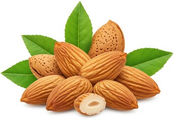 Pile of almonds with leaves isolated on white background