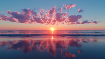 Stunning sunset over tranquil beach.  Soft pink clouds reflect in the calm water