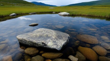 Tranquil mountain pool reflecting sky.  Crystal clear water surrounds a large rock, nestled among smaller stones.  The tranquil scene is set in a grassy, mountainous area