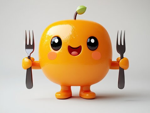 Cute, cartoonish orange fruit character holding eating utensils.