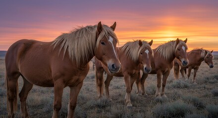 Fototapeta premium Horses Standing in Field at Sunset
