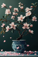 Delicate bonsai tree with pink cherry blossoms in decorative blue ceramic pot stands against dark green background, with petals gently falling around it