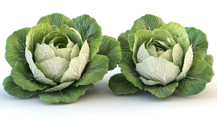 Obraz premium Two Heads of Fresh Green Cabbage on White Background