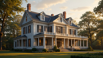 Antebellum exterior house design in daytime golden hour