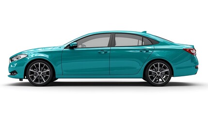 Turquoise Sedan Car Side View on White Background