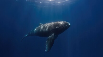 Majestic humpback whale in deep blue ocean. Sunlight streams down