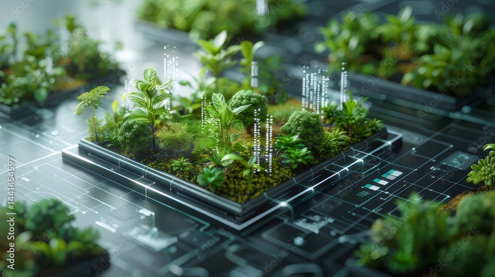 Poster 未来都市の概念 未来的なデジタル基盤に緑豊かな植物が成長する環境保護デザイン