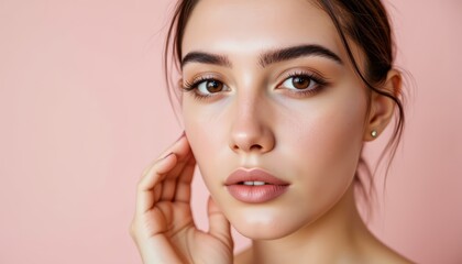 Fototapeta premium Stylish woman posing against a vibrant pink backdrop, captivating portrait