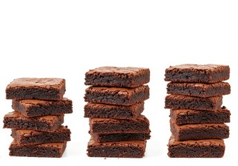 Stacks of homemade chocolate brownies on a white background