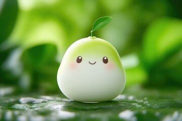 Cute, cartoonish, light green and white fruit-shaped character, sitting on a leaf