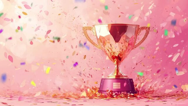 Amazing Champion golden winners trophy cup with falling golden confetti on soft pink background