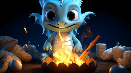 Adorable Baby Dragon Cooking by Campfire in Fantasy Setting

