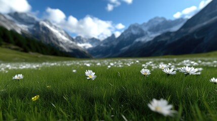 Pristine alpine meadow blanketed in wildflowers, with majestic mountains in the background.  A tranquil, scenic vista of nature's beauty
