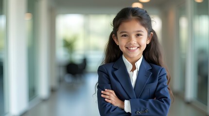 Obraz premium Confident Young Girl Wearing Blue Blazer in Office Setting 