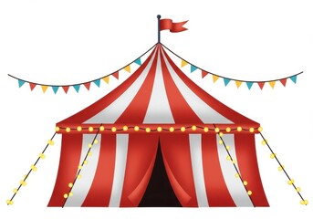 Illustration of a red and white striped circus tent with lights and bunting