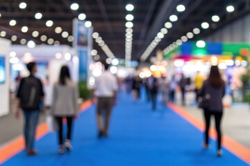 Blurred image of people walking through a brightly lit expo or trade show with booths and displays.