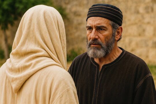 A Pharisee with a serious face speaking in front of Jesus