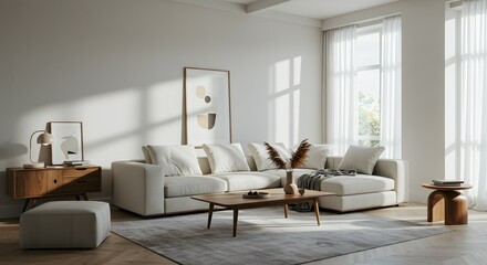 Fototapeta premium Modern Minimalist Living Room Design Sunlight Streaming Through Large Windows, Neutral Color Palette, and Stylish Furniture