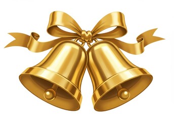 Two golden bells with a ribbon bow, isolated on white background for festive occasions