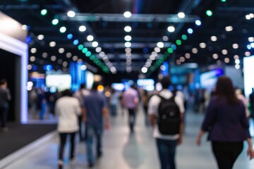 A group of people walk through a brightly lit, modern indoor event or exhibition hall with blurred lights and displays.