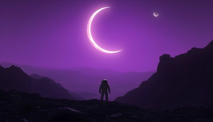 Astronaut Standing on a Purple Alien Planet Landscape