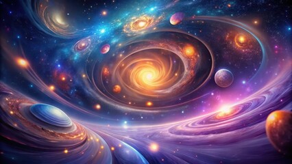 Obraz premium A Cosmic Tapestry Celestial Bodies Swirling in a Vibrant Nebula, Illuminated by Radiant Stars and Glowing Planets