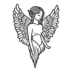 Elegant angel illustration with spread wings, poised in peaceful reverie