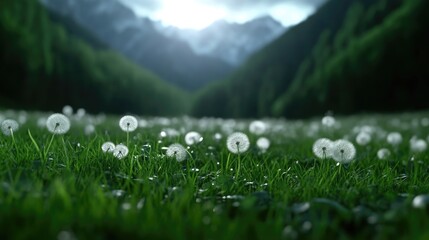 Tranquil meadow with dandelions, mountains, and lush greenery