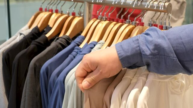 Man chooses a male windbreakers hanging on hanger in store.