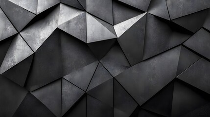 Fototapeta premium Abstract black background with geometric shapes and gradient, transitioning from dark gray to charcoal for a design template. Dark gray background with a low-poly texture, featuring a polygonal patter