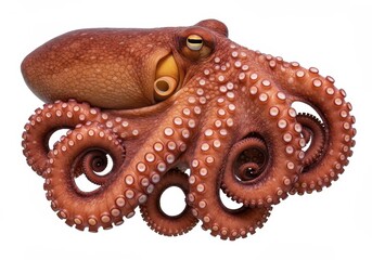 Isolated octopus with curled tentacles and visible suckers against white background