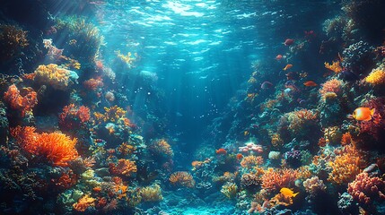 Obraz premium Underwater Coral Reef with Sunlight and Tropical Fish