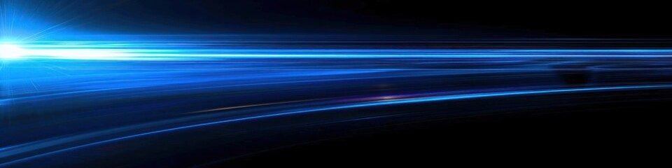 Abstract digital blue light rays and horizontal streaks on a black background conveying speed and energy
